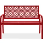 Best Choice Products Outdoor Bench 2-Person Metal Steel Benches Furniture for Garden, Patio, Porch, Entryway w/Geometric Backrest - Rose Red