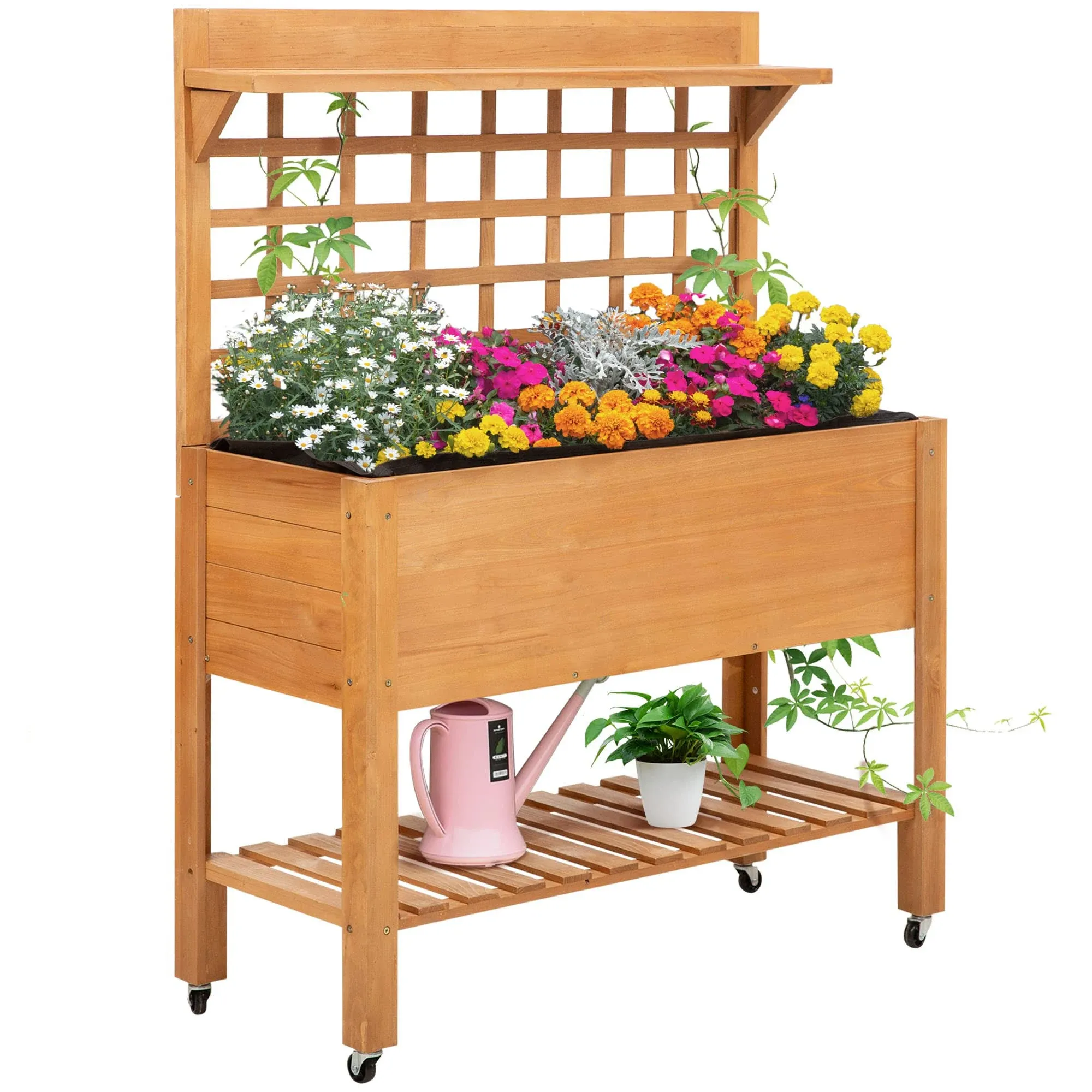 Outsunny 41&quot; Raised Garden Bed with Trellis on Wheels, Wooden Elevated Planter Box with Legs and Bed Liner, for Flowers, Herbs &amp; Vegetables, Brown