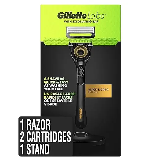 Gillette Labs Mens Razor with Exfoliating Bar, Shaving Kit for Men, Includes 1 Handle, 2 Razor Blade Refills, 1 Premium Magnetic Stand, Black and Gold, Razor for men