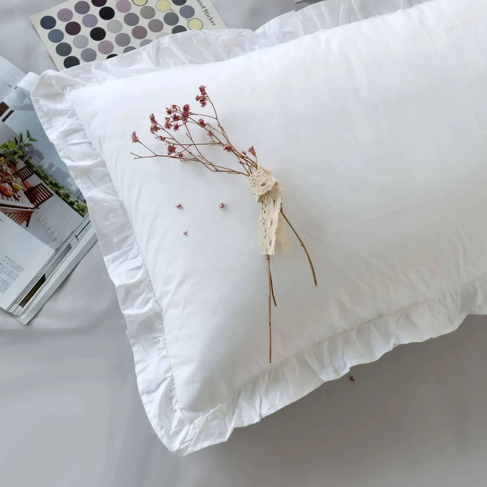 100% Cotton Ruffle Pillow Shams Standard/Queen SizeWhite Euro Pillow Sham wit...