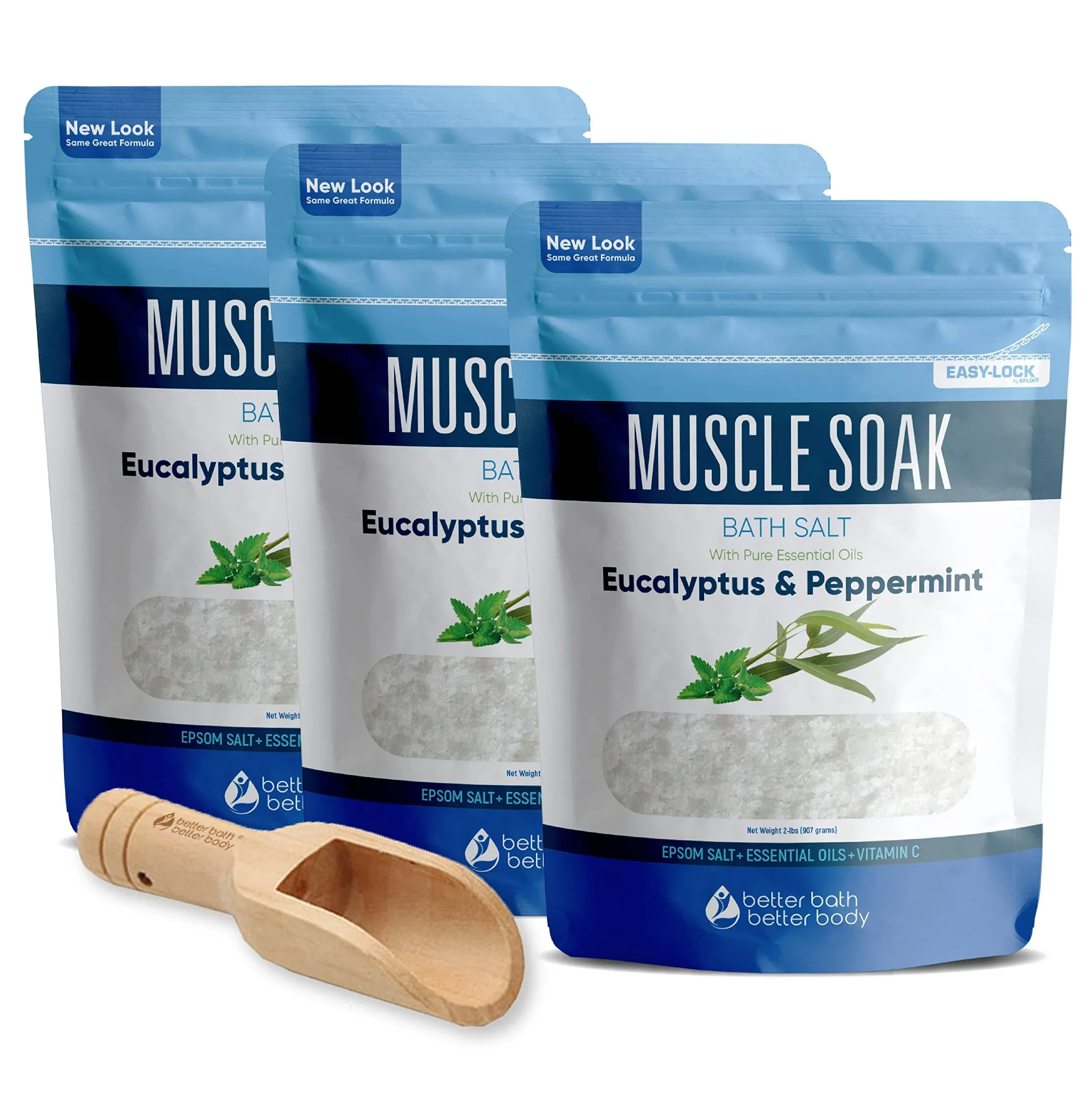 Muscle Bath Salt (3-Pack with Scoop) Muscle Bath Soaks with Pure Essential Oils in BPA Free Pouch with Press-Lock Seal Made in USA, Three 2-lbs Pouches 6-Lbs Total