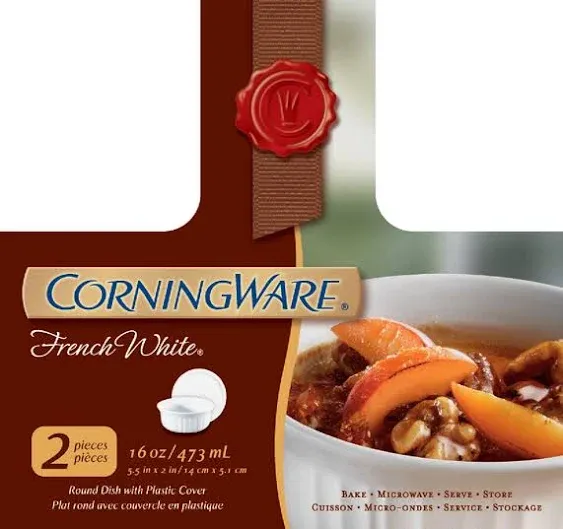 CorningWare French White Pop-Ins 16-Ounce Round Dish with Plastic Cover, Pack of 2 Dishes