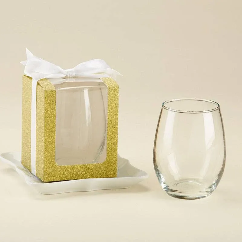 Kate Aspen, Gold Shimmer Display Gift Box, Gift/Party Favor, can hold 9 oz. Stemless Wine Glass (Set of 12)