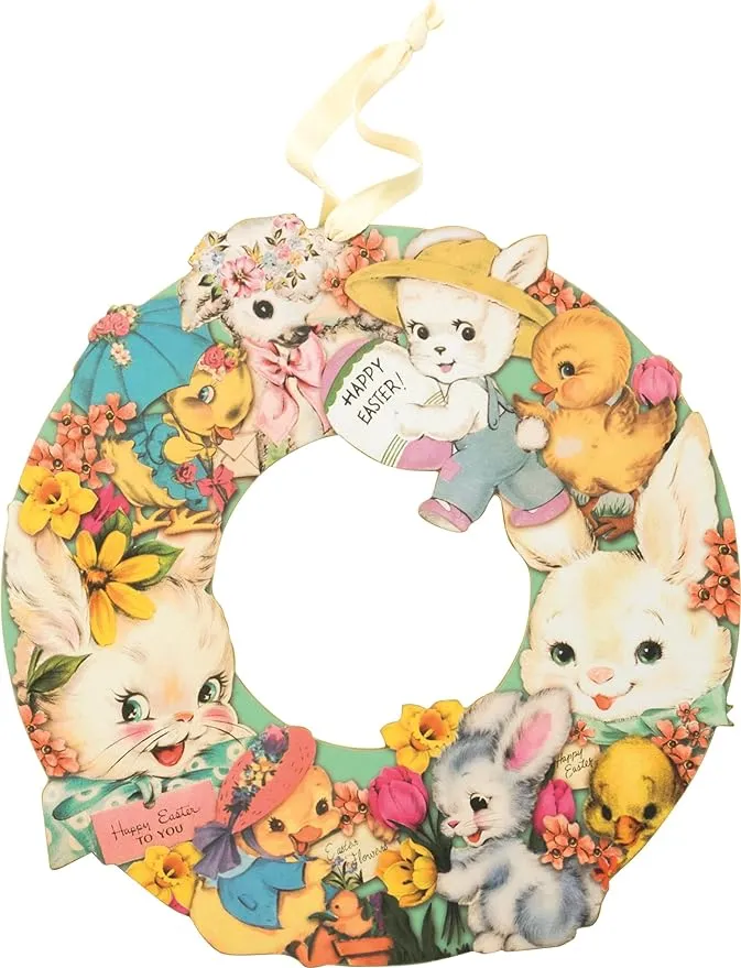 Primitives by Kathy - Happy Easter Wreath, Vintage Inspired Wooden Decorative Wreath with Retro Bunny, Lamb, Duckling, and Flower Illustrations