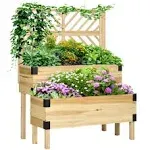 Outsunny Raised Garden Bed with Trellis, 2 Tier Wooden Elevated Planter Box with Legs and Metal Corners, for Vegetables, Flowers, Herbs, Natural