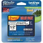 Brother TZe 2312PK 1/2" Laminated Tape, Black On White 2 Pack