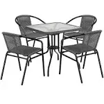 28" Square Glass Metal Table with Gray Rattan Edging and 4 Gray Rattan Stack Chairs