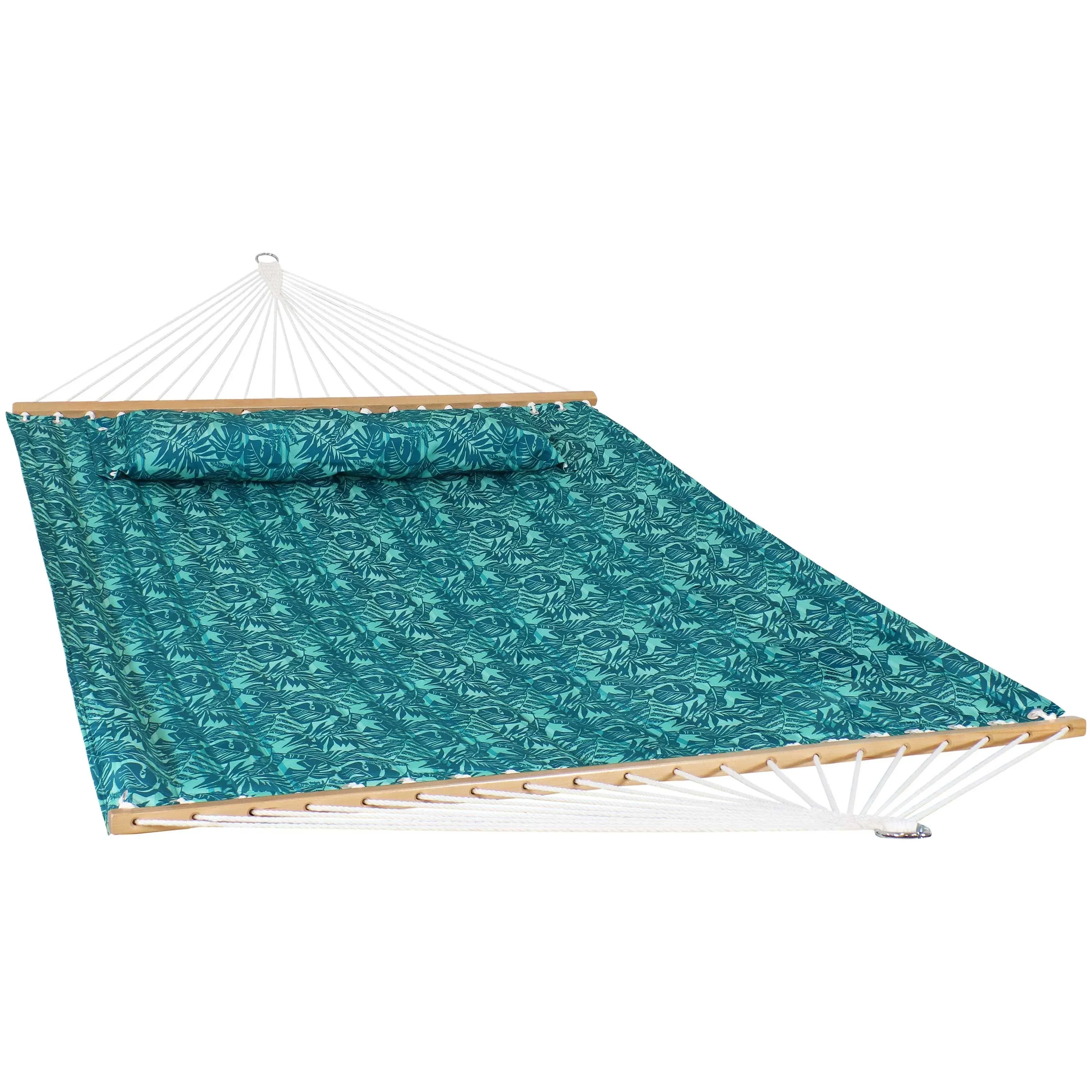 Sunnydaze 2-Person Fabric Spreader Bar Hammock and Pillow - Cool Blue Tropics