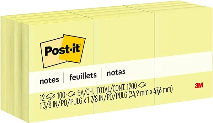 Post-it Mini Notes, 1 3/8 x 1 7/8 in, 12 Pads, Canary Yellow, Clean Removal, Recyclable