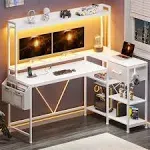 SEDETA White L Shaped Gaming Desk, 55" Corner Desk with Fabric Drawer and Storage Shelves, L Shaped Desk with Hutch, LED Lights, Power Strip, Monitor Stand for Home Office