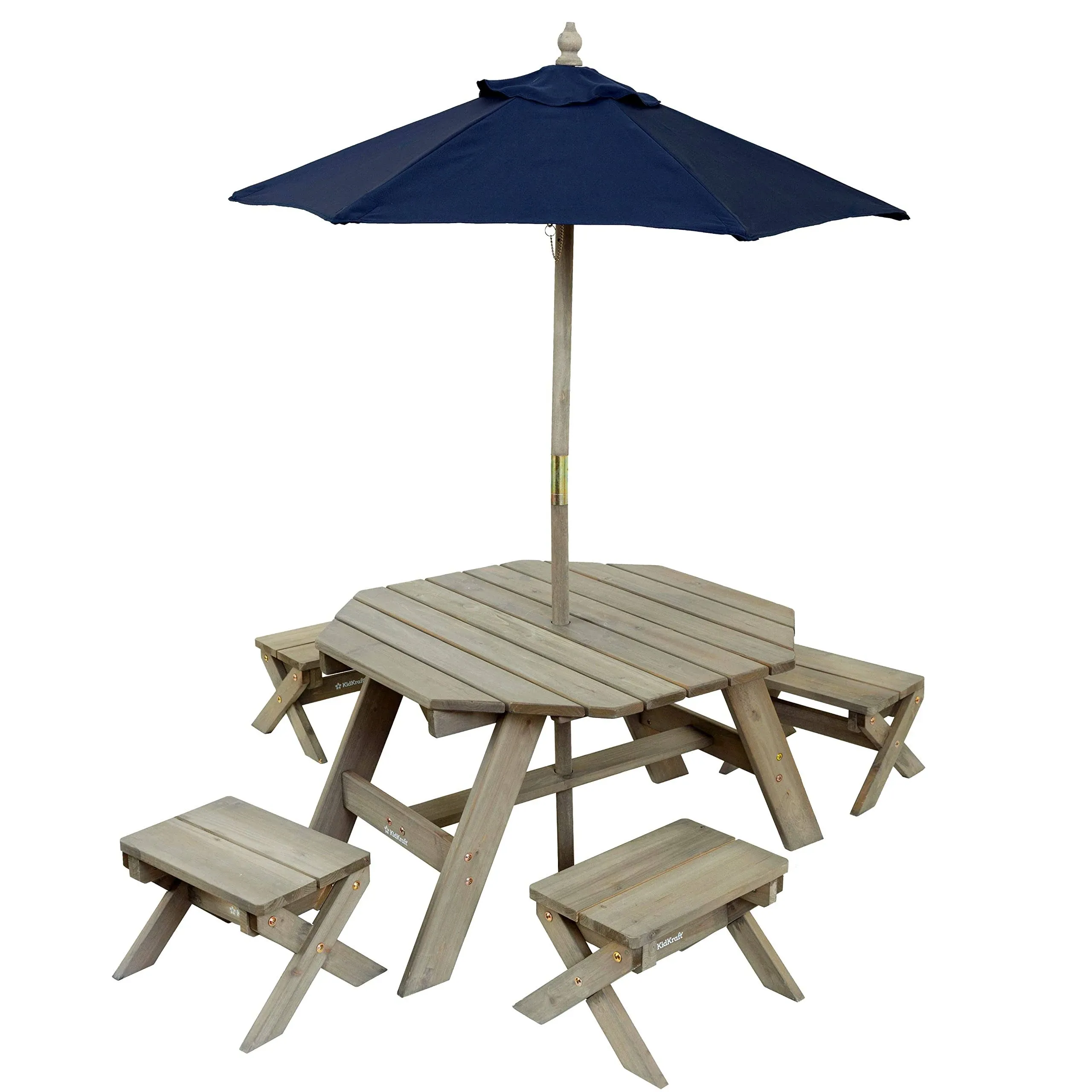 Kidkraft Wooden Octagon Table, Stools & Umbrella Set, Kids Outdoor Furniture ...