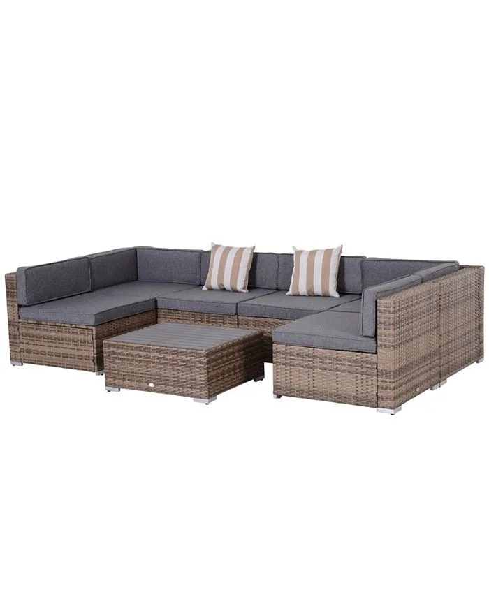 Patio Life Grey 7-Pieces Steel Plastic Rattan Patio Conversation Set with Beige Cushions