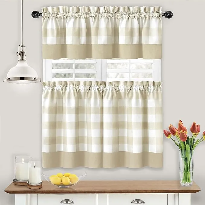 GoodGram Modern Country Farmhouse 3 Piece Buffalo Plaid Checkered Cafe Kitchen Curtain Tier & Valance Set - Assorted Colors & Sizes (Gray, 36 in. L)