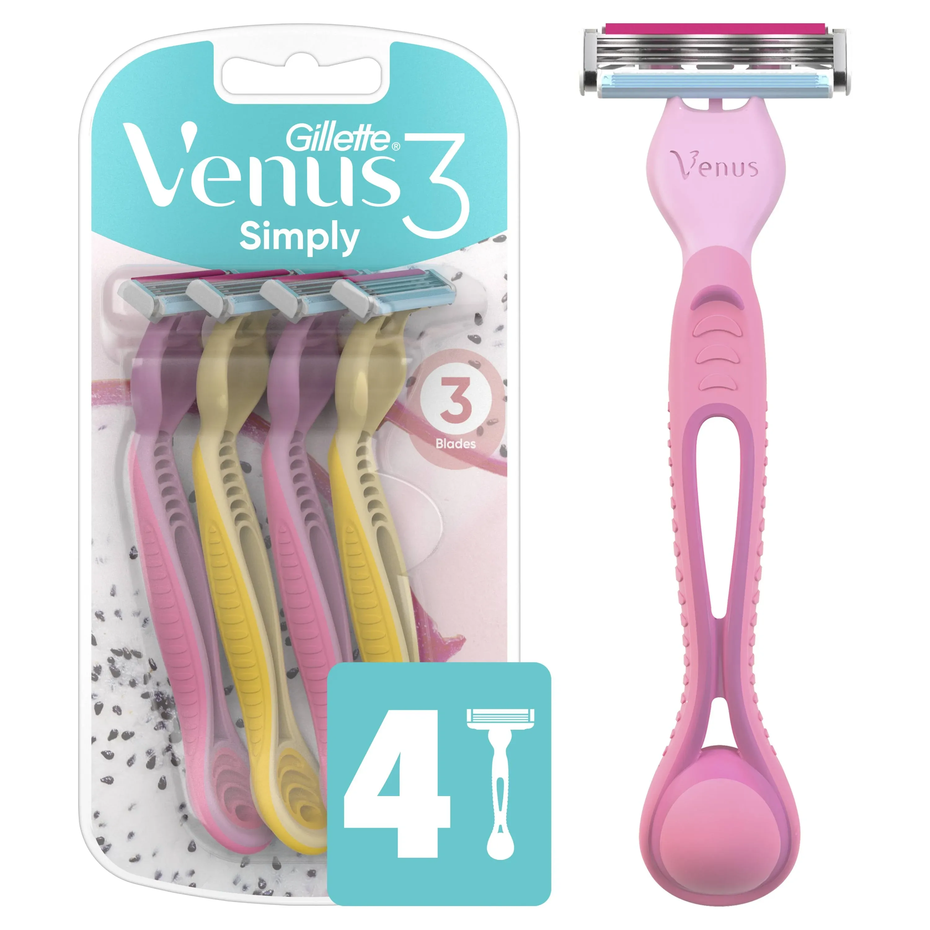 Gillette Female Venus Simply3 Dragonfruit Women's Disposable Razors, 4 Count, Multi-Color