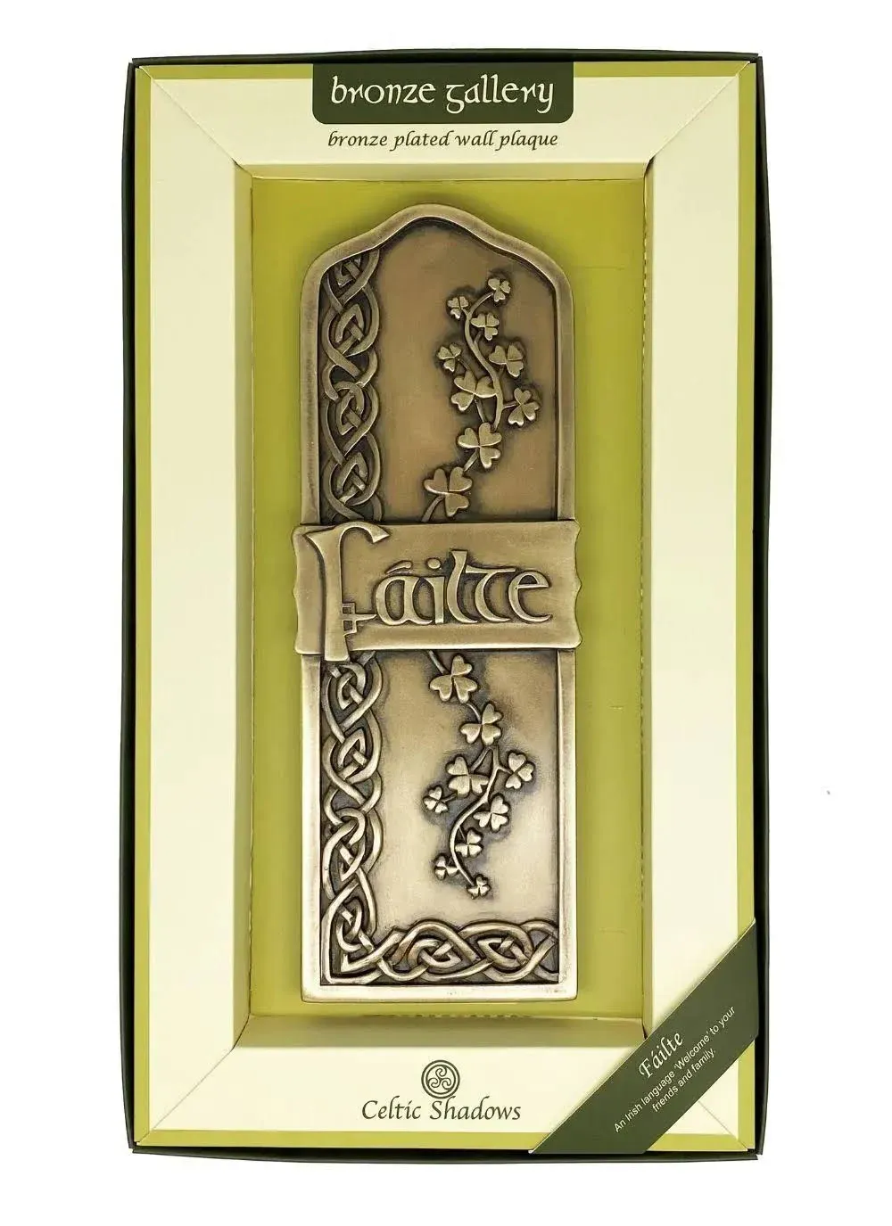 Royal Tara Bronze Failte Wall Hanging Plaque Irish Welcome Handcrafted Shamrock Celtic Spiral Decor Housewarming Gift (H 10" W 3.5")