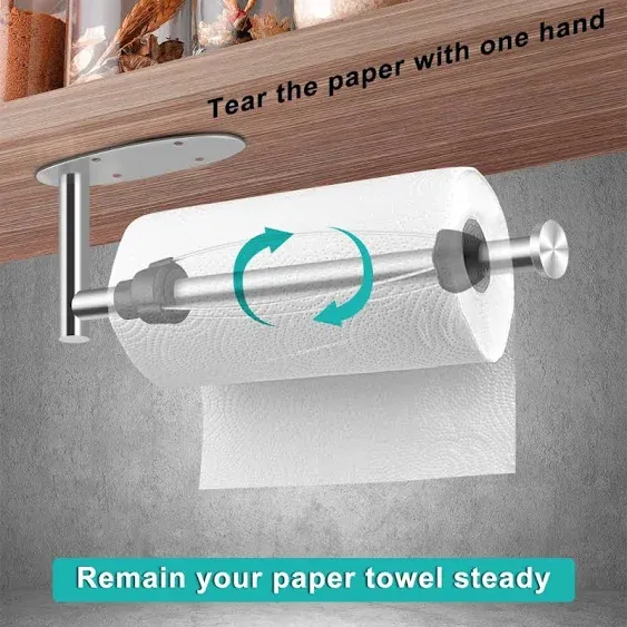 MGahyi Paper Towel Holder Under Cabinet, Single Hand Operable Wall Mount with Damping Effect, Self-Adhesive or Drilled for Kitchen Bathroom(Silver 2pcs)