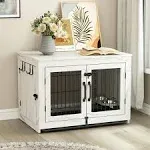 Piskyet Wooden Dog Crate Furniture with 360°Rotatable Removable Dog Bowls, Dog Crate End Table with Tray, Double Doors Dog Kennels for Medium Dogs