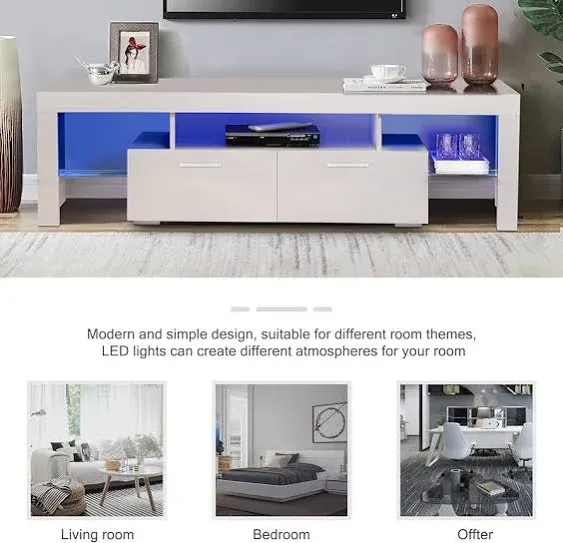 Nrizc White LED TV Stand for 75 Inch TV, High Gloss TV Entertainment Center with Storage Drawer, TV Console Table for Living Room, Bedroom