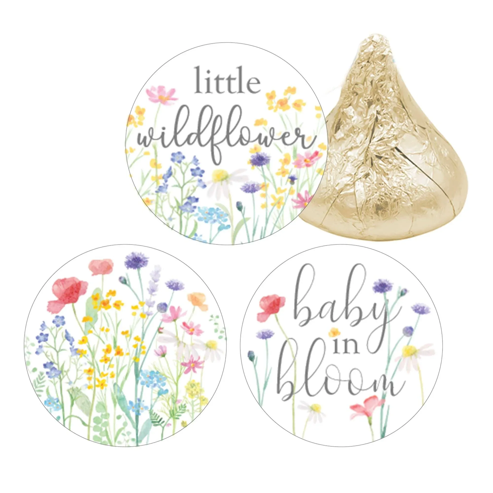 Little Wildflower Baby Shower Chocolate Kisses Candy Stickers, Baby in Bloom Decorations, She's a Wildflower Party Favor Stickers, It's a Girl Spring and Summer - 180 Count