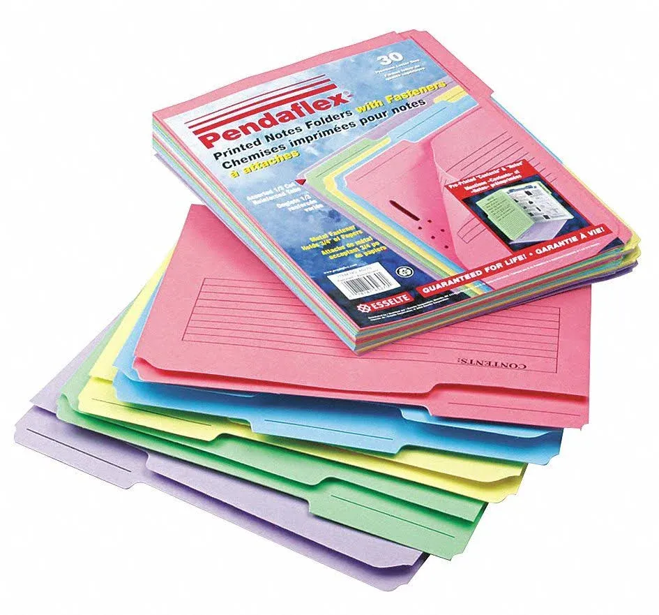 Pendaflex Printed Notes Folder with One Fastener, 1/3-Cut Tabs, Letter size, Assorted, 30/Pack