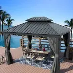 Kozyard Alexander Hardtop Aluminum Gazebo with Mosquito Net and Privacy Curtain Grey 10' x 12'