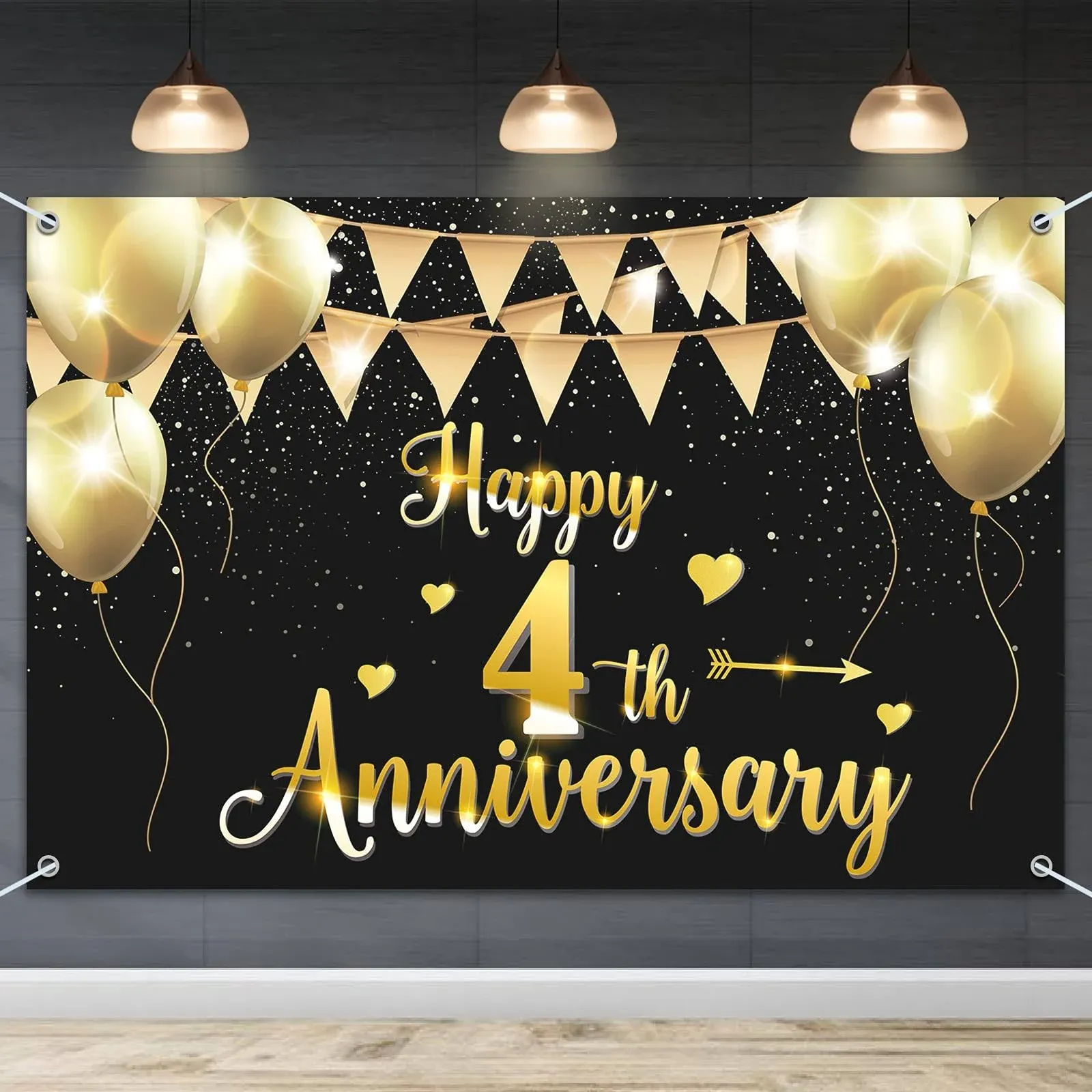 HAMIGAR 6x4ft Happy 9th Anniversary Banner Backdrop - 9 Wedding Anniversary Decorations Party Supplies - Black Gold