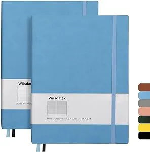 Wiisdatek B5 College Ruled Notebooks - 2 Pack B5 Large Journal Notebooks with 376 Numbered Pages,100gsm Thick Lined Paper,Soft PU Leather Cover,7.6 X 10 inch(BLUE)