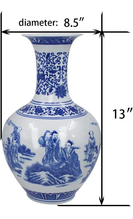 Dahlia Blue and White Vase, Handmade Chinese Porcelain Flower Vase, Eight Immortals, Chinese Bottle Shape 13 Inches