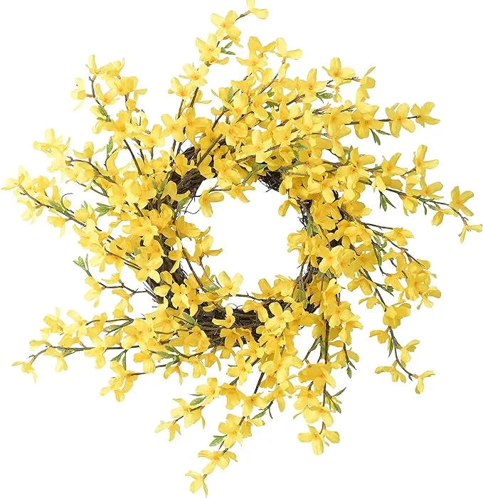 20 Inch Yellow Forsythia Wreath Fall Front Door Wreath Flower Farmhouse Rustic Grapevine Wreath Blossom Cluster Wreath for Festival Celebration Front Door Wall Window Party Decoration Home Décor