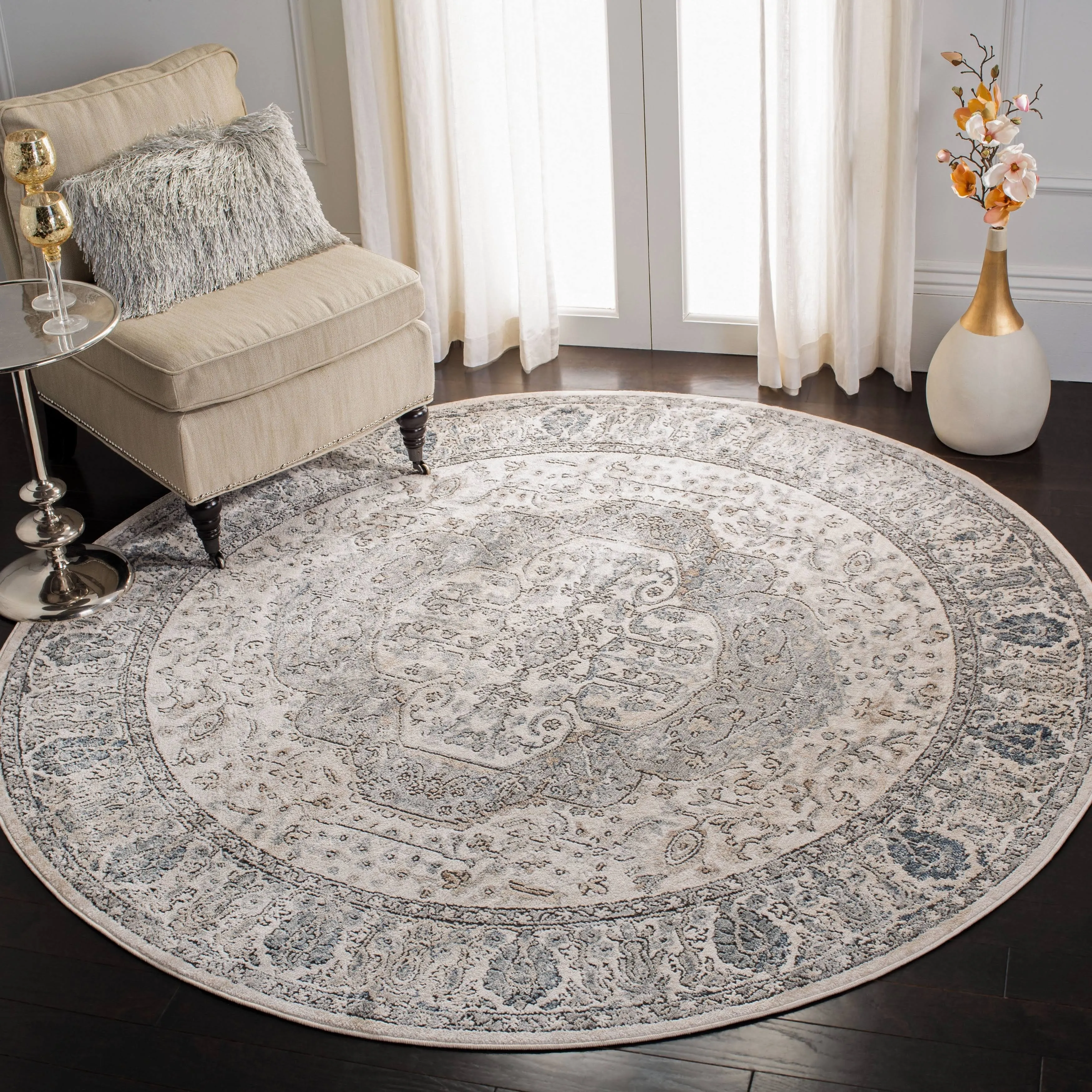 MARTHA STEWART x SAFAVIEH 6'7" Round Ivory/Grey MSR867A Oriental Non-Shedding Area Rug