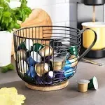 1pc Coffee Pod Holder - Large Capacity Black Wire Kup Storage Basket With Wooden Base - * Basket Decor For Kitchen Countertop/bar, For Coffee Pods &amp; Espresso Capsules Supplies