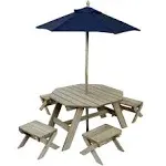 Kidkraft Wooden Octagon Table, Stools & Umbrella Set, Kids Outdoor Furniture, Barnwood Gray & Navy