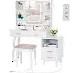 BEWISHOME Vanity Desk with Mirror and Lights, Makeup Vanity with Lights, White Vanity with Charging Station & Cabinets, Makeup Desk Vanity Table with