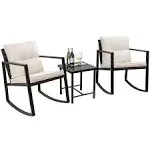 Flamaker Patio Chairs 3 Piece Wicker Rocking Chair Outdoor Bistro Sets with Coffee Table and Cushions Metal Frame Patio Furniture for Porch, Balcony