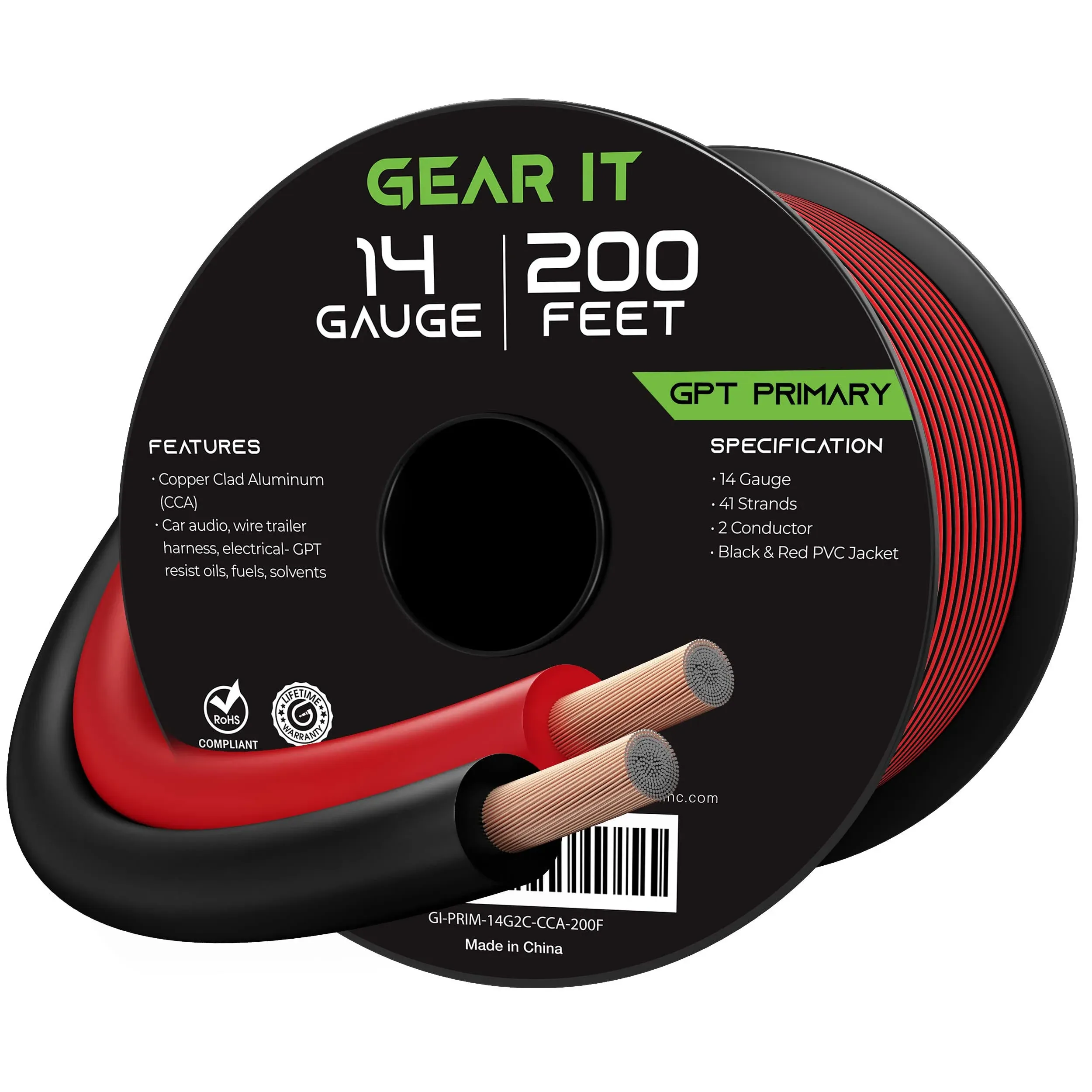 GearIT 14 Gauge Wire (200ft - Black/Red) GPT Automotive 200 Feet, BlackRed 