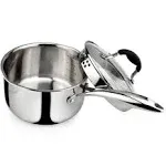 Tri-Ply Stainless Steel Saucepan with Glass strainer lid, two Side Spouts, Er...