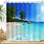 Ocean Beach Shower Curtain Blue Sky Sea Tropical Palm Trees Seaside Landscape Bath Curtain Waterproof Fabric Bathroom Décor 72x72 Inch Plastic Hooks 12PCS Ocean Green