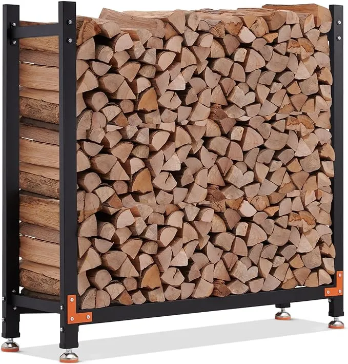 EFURDEN 4ft Firewood Rack Outdoor, Heavy Duty Wood Rack with 4 Reinforced Metal Pieces for Fireplace Wood Storage, Outdoor Indoor Firewood Rack Holder with Adjustable Foot Pad