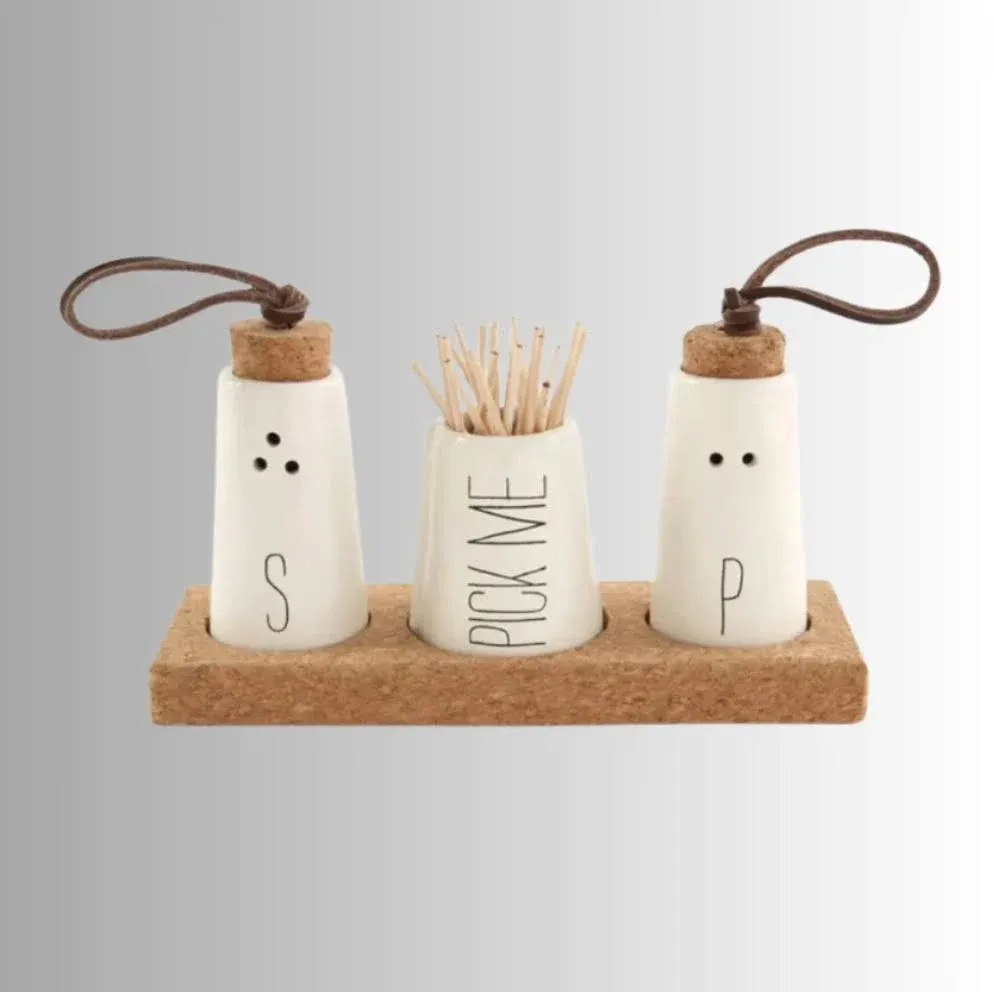 , Off-White Salt, Pepper &amp; Toothpick Holder, Size: Tray 2&#034; X 6&#034; | Shakers 2 3/4&#034;