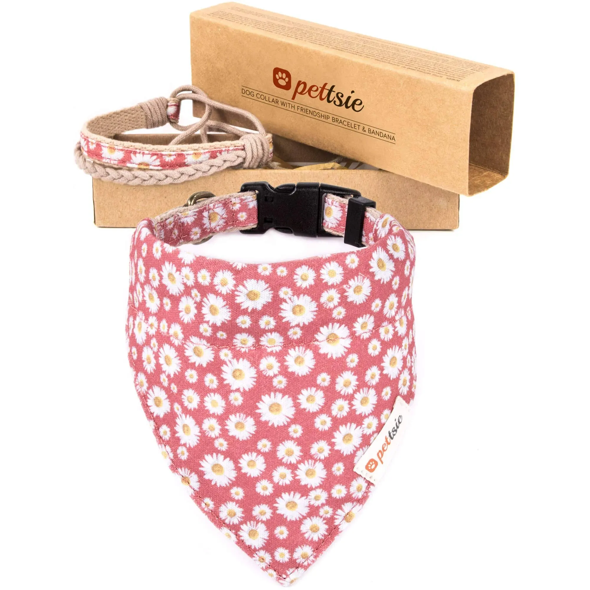 Pettsie Matching Dog Collar, Bandana, Friendship Bracelet, Durable Hemp, 3 Adjustable Sizes, Comfortable and Soft for Sensitive Skin, Carton Box, Strong D-Ring for Easy Leash Attachment, M, Pink