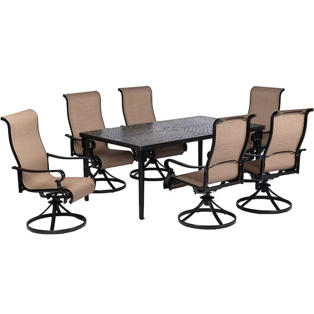 Hanover Brigantine 7-Piece Espresso Bean Patio Dining Set Aluminum Rectangle Table with 6 Swivel Rocker Chairs