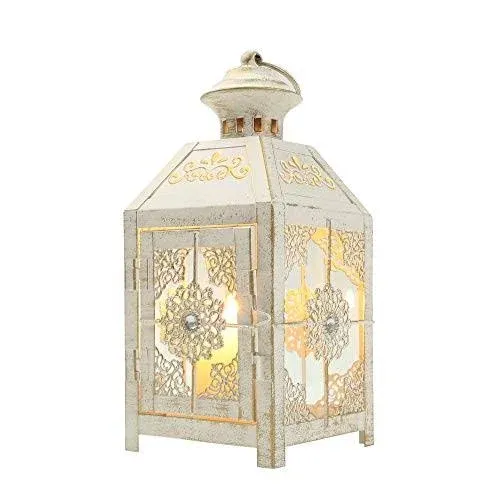 Decorative Lantern 9.5" High Metal Candle Lantern Vintage Style Hanging Lantern for Wedding Parties Indoor Outdoor(White with Gold Brush).