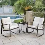 Suncrown 3-Piece Outdoor Patio Brown Wicker Rocking Chairs Bistro Set - Beige