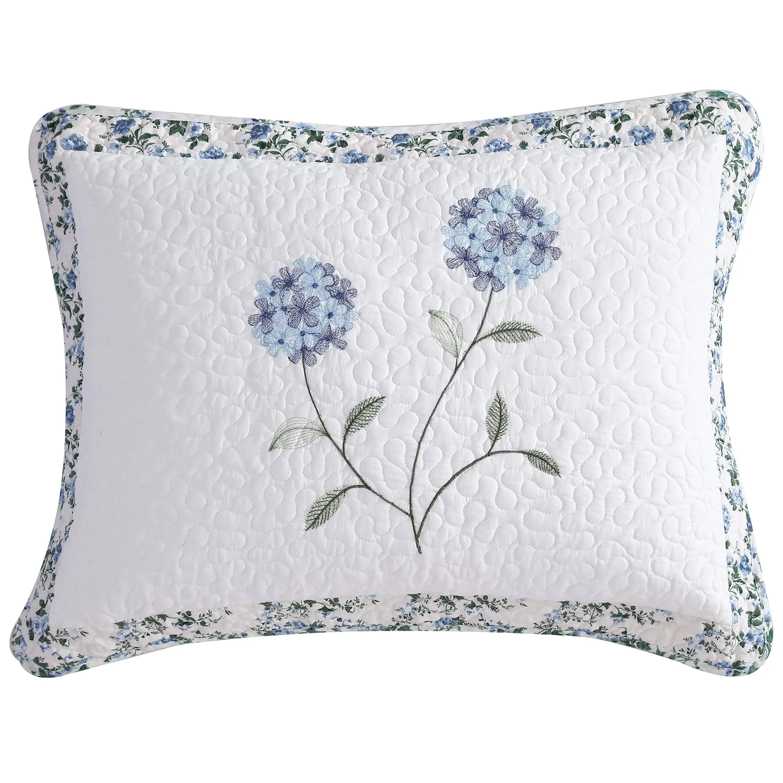 Beatrice Home Fashions Carnation Floral Embroidered Quilted Pillow Sham, Lightweight, All-Seasons, Standard Sham, Blue 20" x 26"