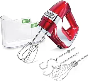 Hamilton Beach Professional 62653 5-Speed Electric Hand Mixer with High-Performance DC Motor Slow Start, Snap-On Storage Case, Stainless Steel Beaters & Whisk, Red and Chrome