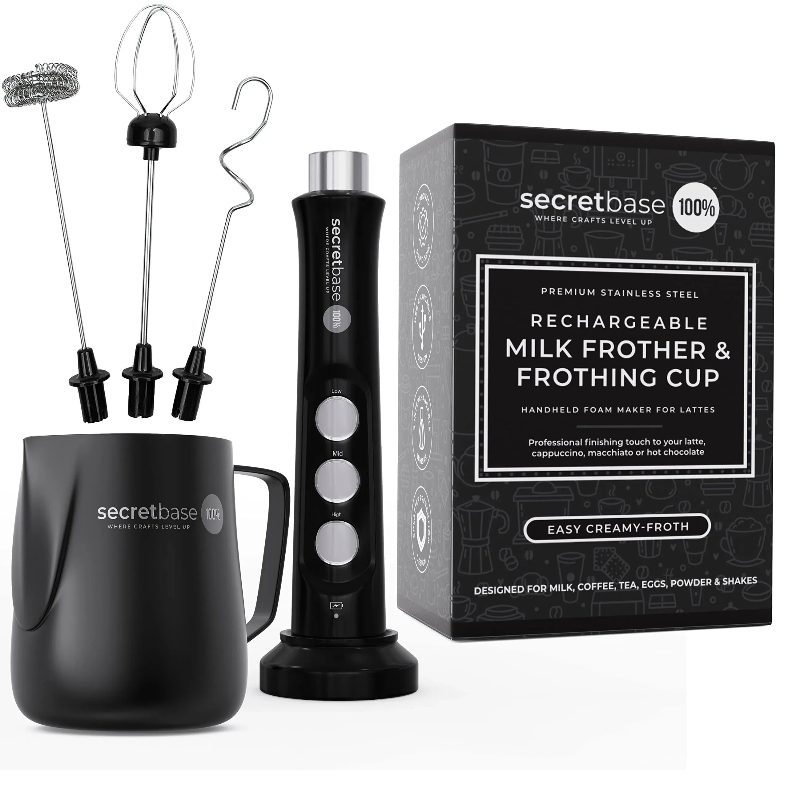 Secretbase Where Crafts Level Up 100% Secretbase Rechargeable Frother Mixer, Black Pitcher and Charging Base - 3 Speed Electric Milk Frother Handheld