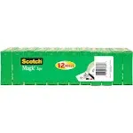 Scotch Magic Tape, Invisible, 3/4 in. x 1000 in., 12 Tape Rolls, Clear, Home Office, Back to School Supplies and College Essentials for Students and Teachers