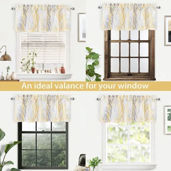 DriftAway Tree Branch Abstract Ink Printing Lined Thermal Insulated Window Curtain Valance Rod Pocket 52 Inch by 18 Inch Plus 2 Inch Header Yellow