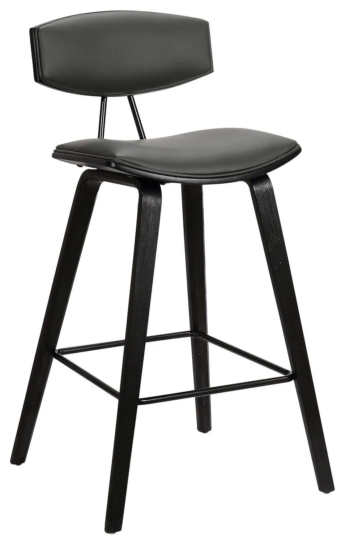 Armen Living Fox 25.5 inch Counter Height Gray Faux Leather and Black Wood Mid-Century Modern Bar Stool