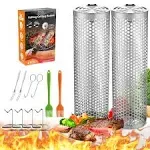 Grill Basket - Outdoor Rolling BBQ Basket - 2 Pcs Stainless Steel Grill Mesh, Rolling Grill Baskets for Outdoor Grill, Portable Outdoor Camping BBQ